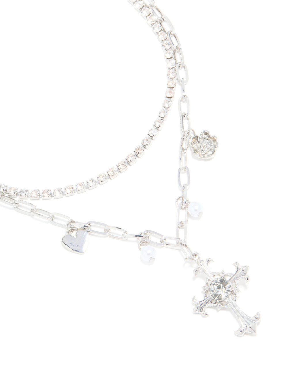 Silver Diamante & Pearl Cross Layered Necklace