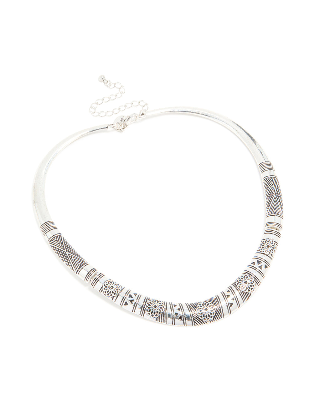 Antique Silver Textured Patterned Adjustable Choker Necklace