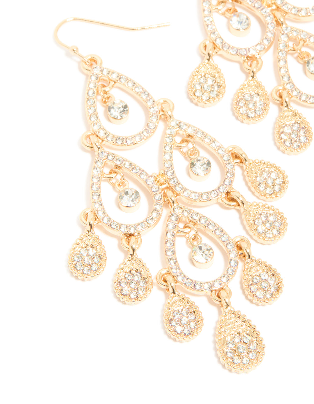 Beautifully crafted gold diamante diamond shaped dangly earrings featuring charm close up view