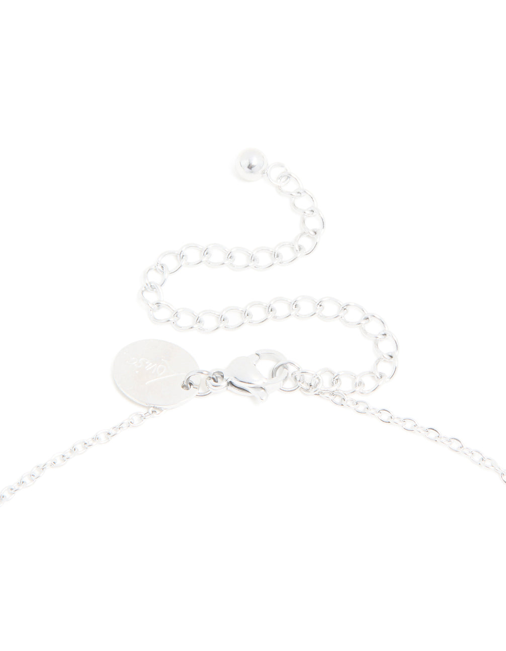 Crafted from waterproof stainless steel mini bubble letter U necklace with initial pendant in silver clasp detail view