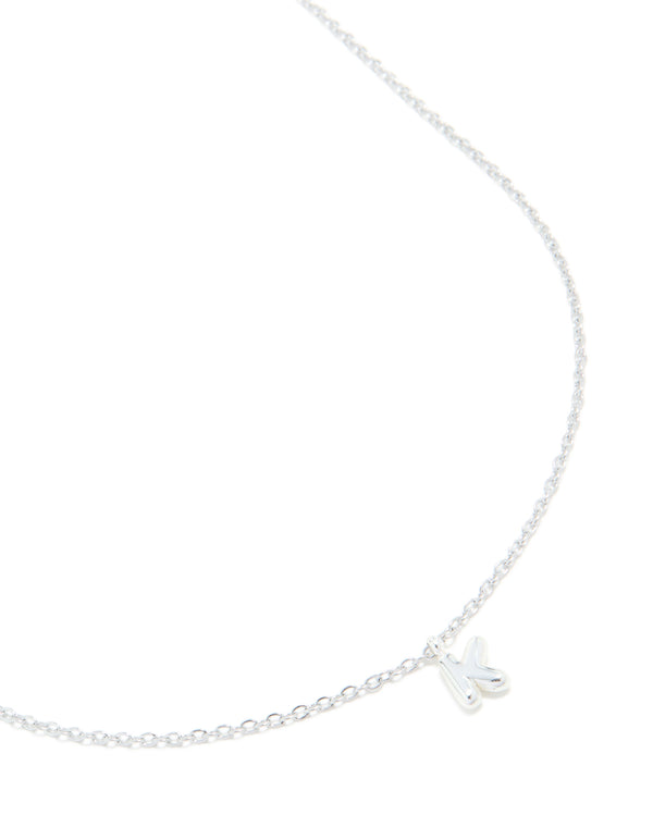 Beautifully crafted waterproof stainless steel mini bubble letter K necklace with pendant initials in silver close up view
