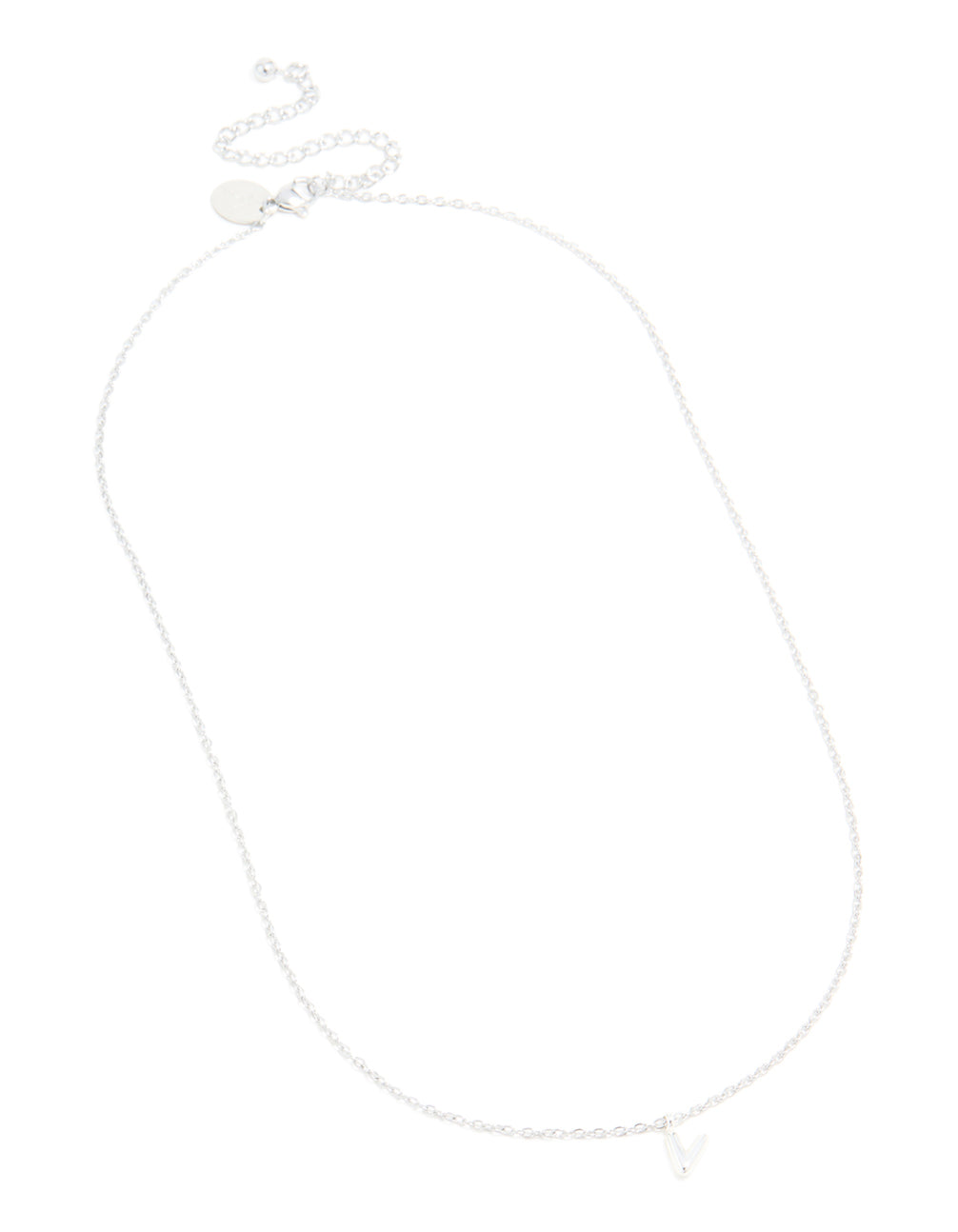 Designed with waterproof stainless steel mini bubble letter V with initial pendant necklace in silver front view