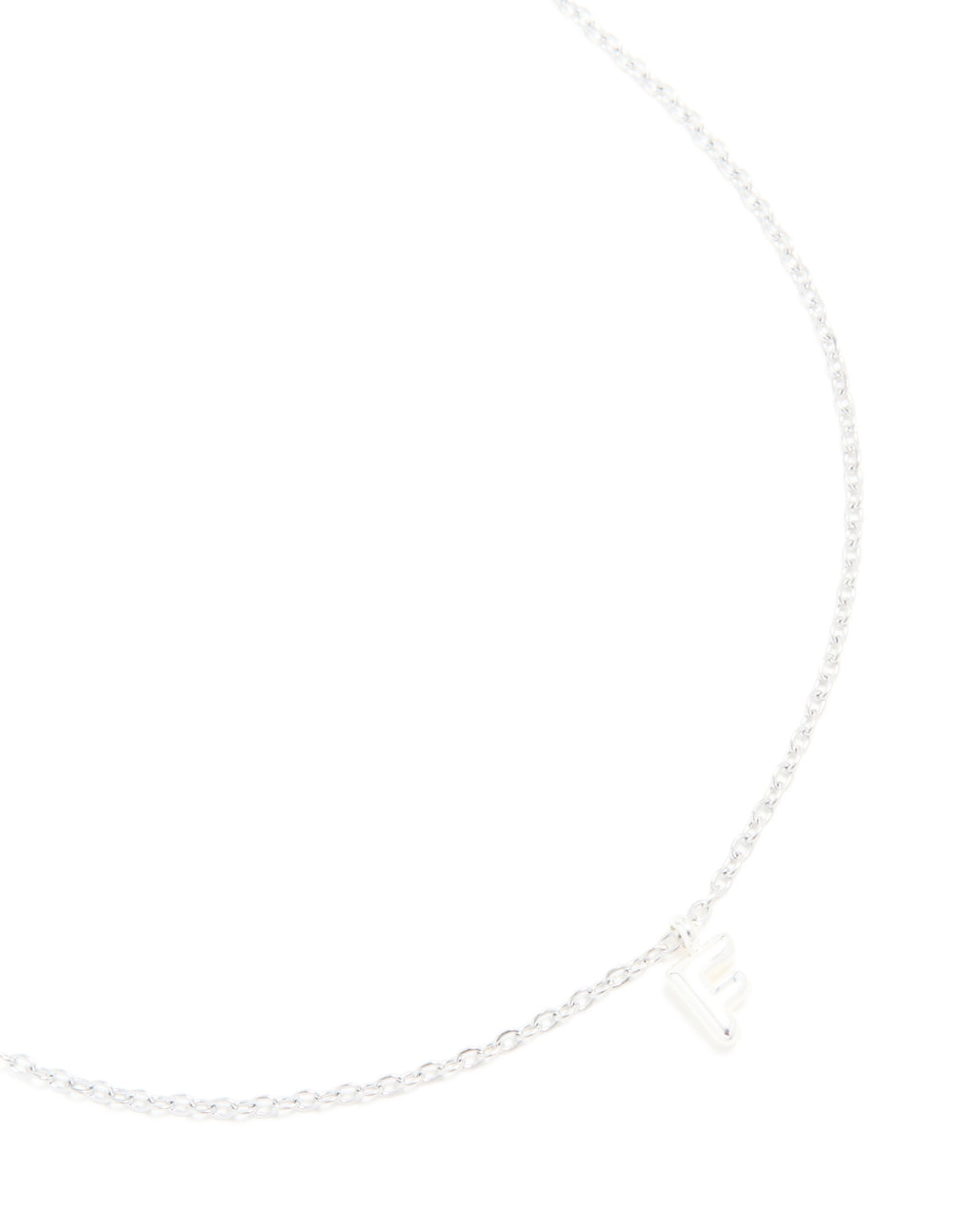 Showcasing a waterproof stainless steel mini bubble letter F initial pendant necklace in silver close up view