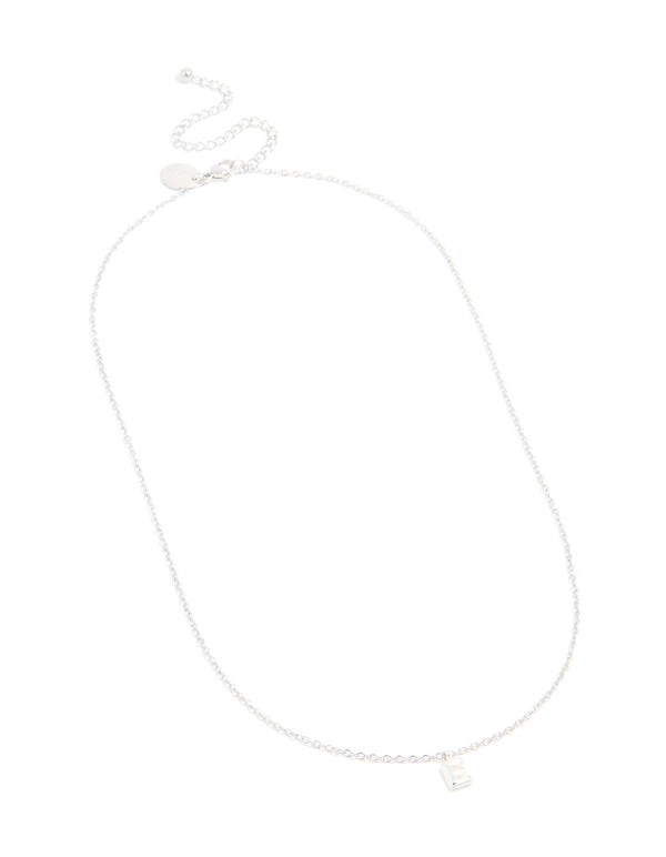 Featured waterproof stainless steel mini bubble letter E necklace with initial pendant in silver front view