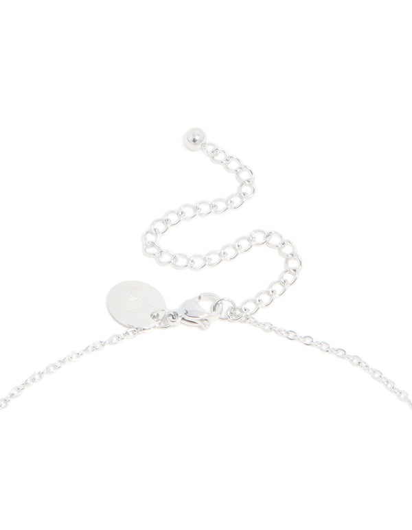 Detailed look at waterproof stainless steel mini bubble letter E necklace initial pendant in silver clasp detail view