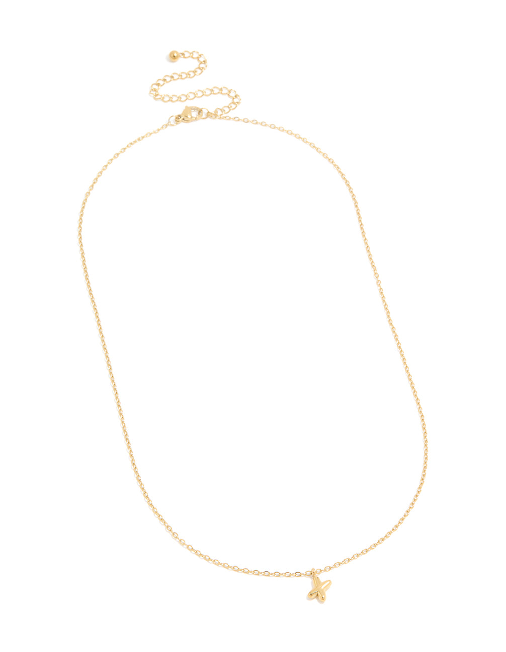 Presenting a waterproof bubble letter X necklace in gold plated stainless steel with initial pendant and adjustable chain front view