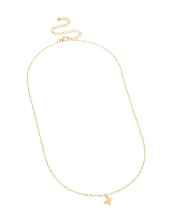 Presenting a waterproof bubble letter X necklace in gold plated stainless steel with initial pendant and adjustable chain front view