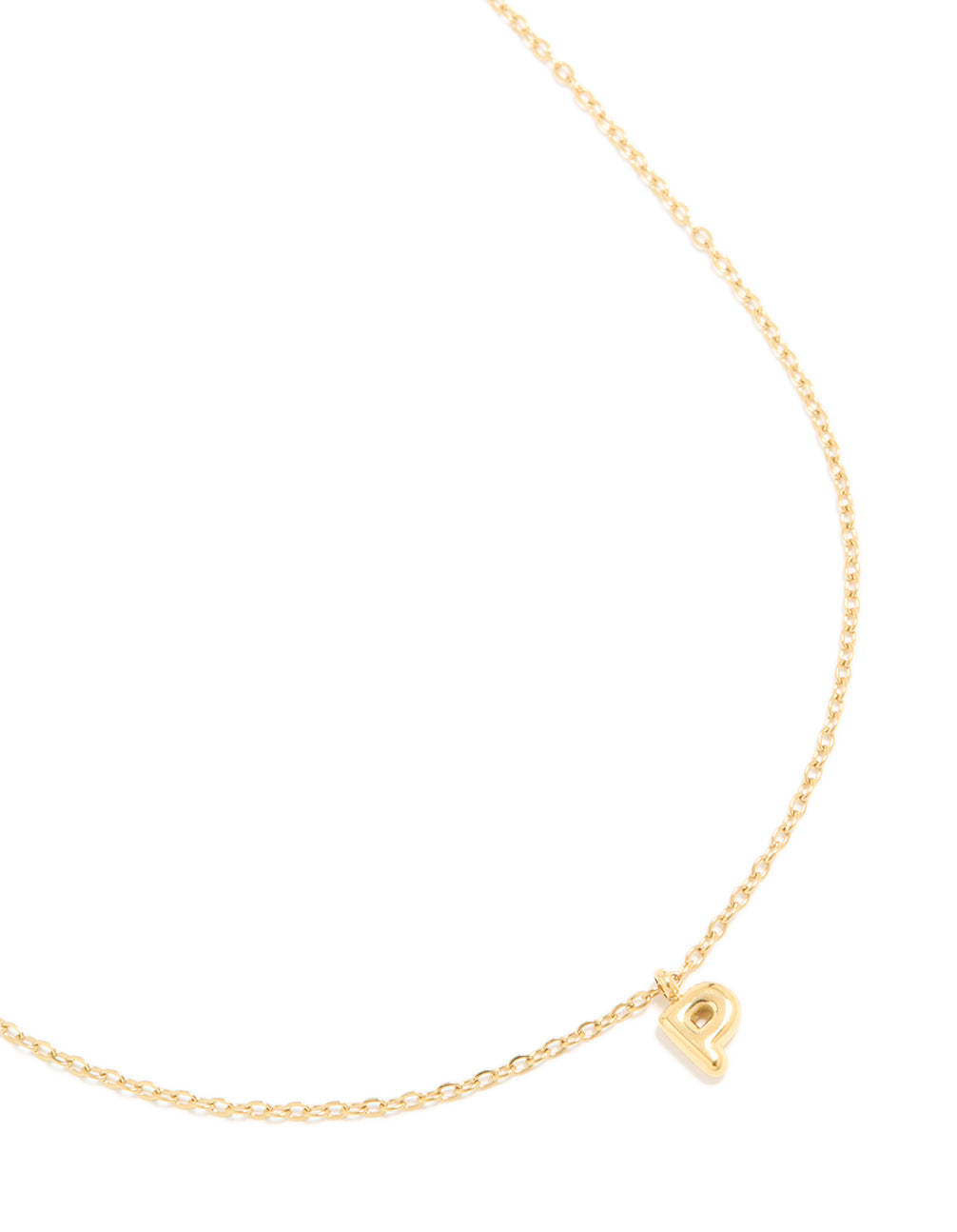 Discover a waterproof gold plated stainless steel mini bubble letter P initial pendant necklace close up view