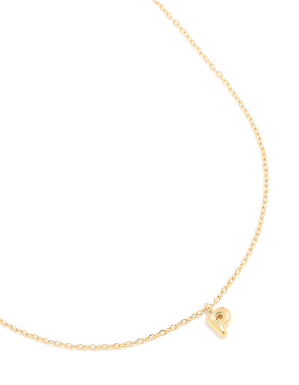 Discover a waterproof gold plated stainless steel mini bubble letter P initial pendant necklace close up view