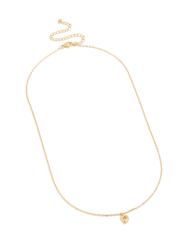 This waterproof gold plated stainless steel mini bubble letter D initial pendant necklace with dainty style and adjustable chain front view