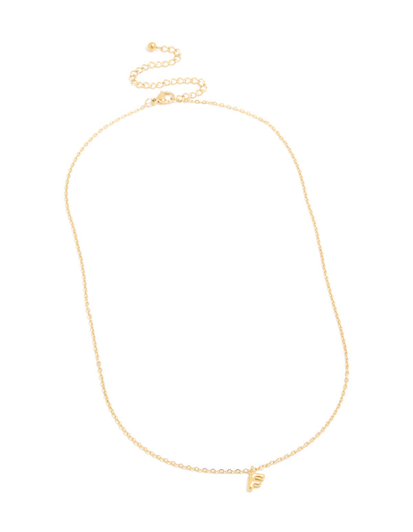 Highlighting a waterproof bubble letter F initial pendant necklace crafted from stainless steel with gold plated finish front view