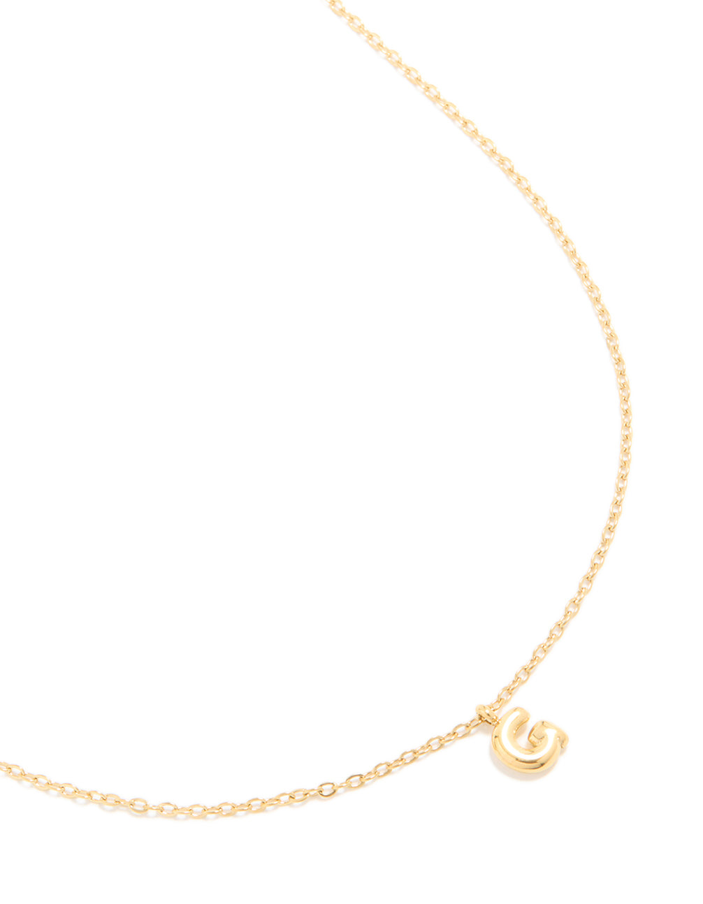 Showcasing a waterproof bubble letter G necklace crafted from gold plated stainless steel with featuring initial pendant front view