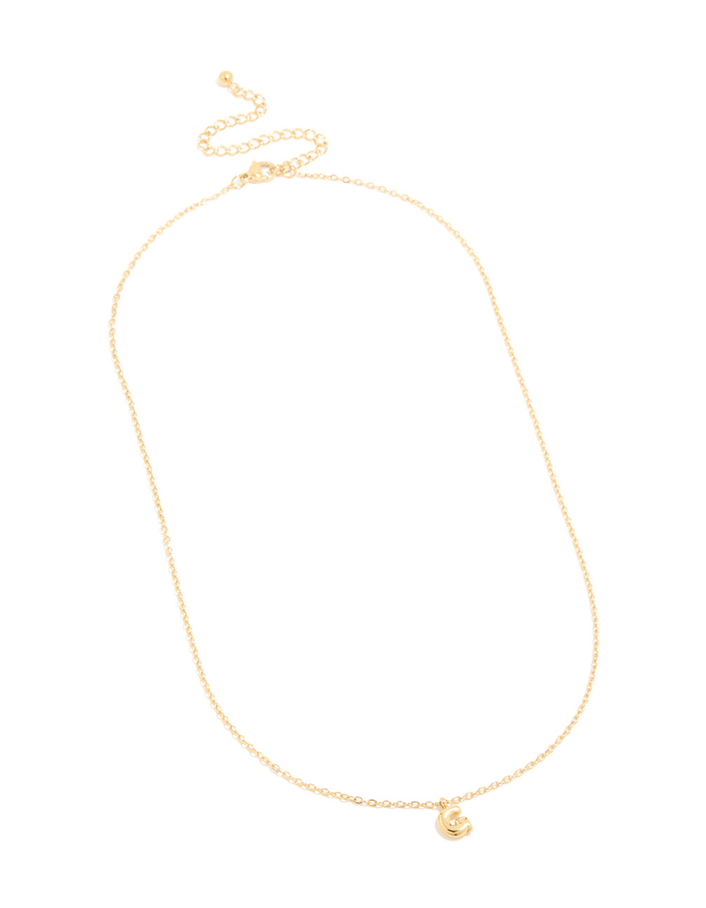 Crafted from waterproof gold plated stainless steel bubble letter G necklace featuring initial pendant front view