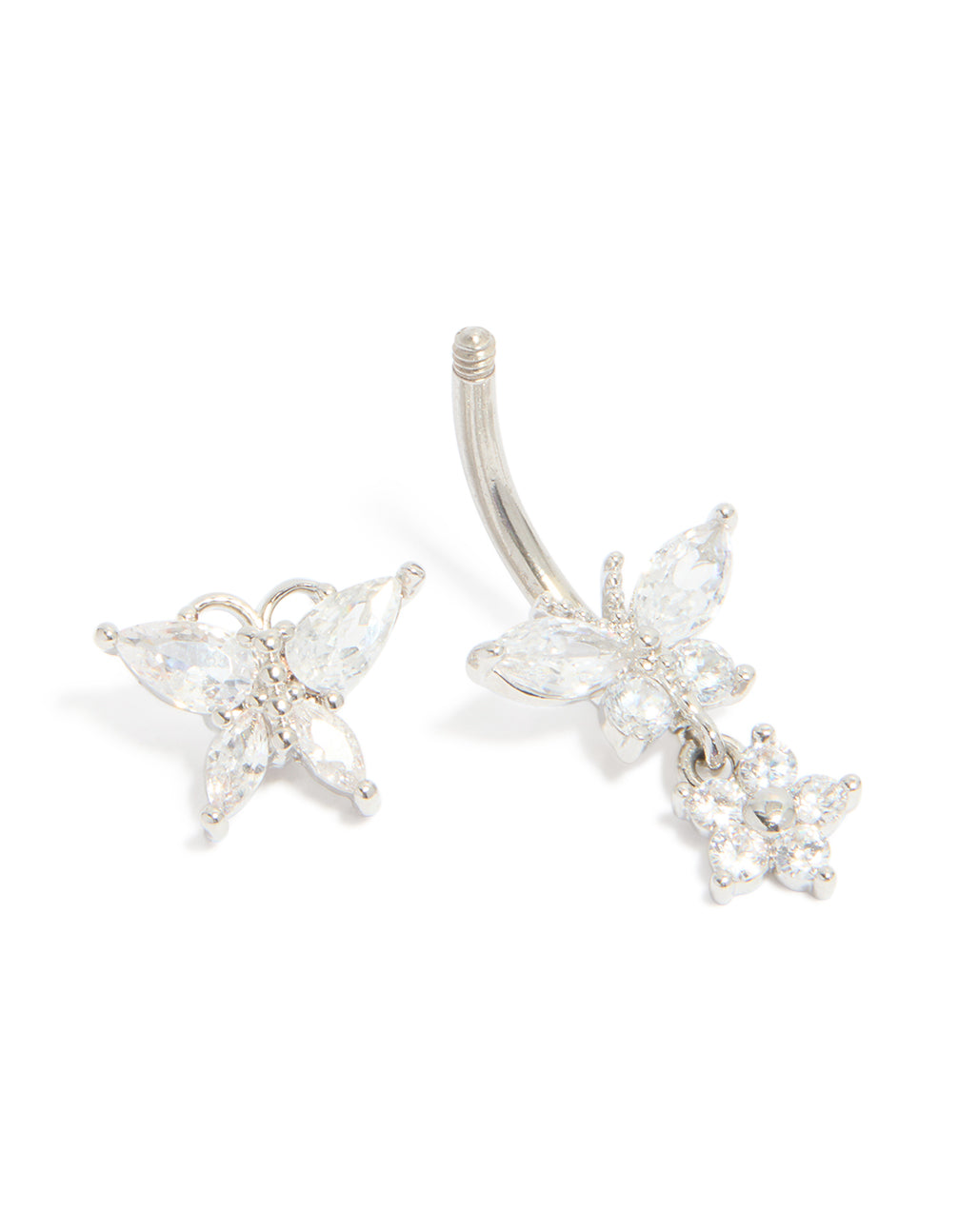 Surgical Steel Cubic Zirconia Butterflies & Flower Drop Belly Bar
