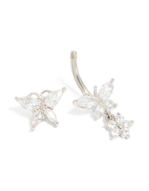 Surgical Steel Cubic Zirconia Butterflies & Flower Drop Belly Bar