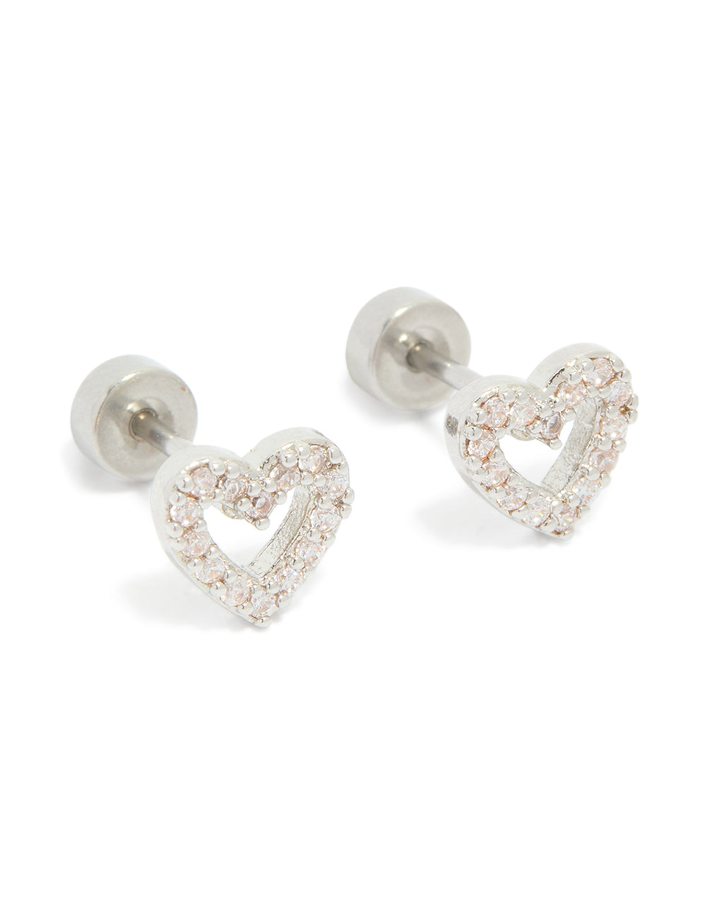 Discover surgical steel heart stud earrings featuring cubic zirconia pavé setting with flat back closure in silver and clear stone front view