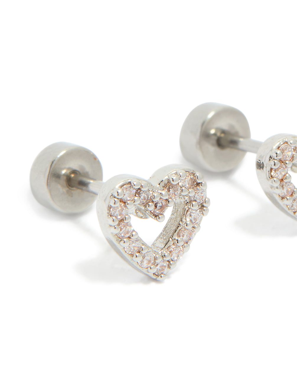 Charming surgical steel heart stud earrings with cubic zirconia pavé setting and flat back closure in silver and clear stone post detail view