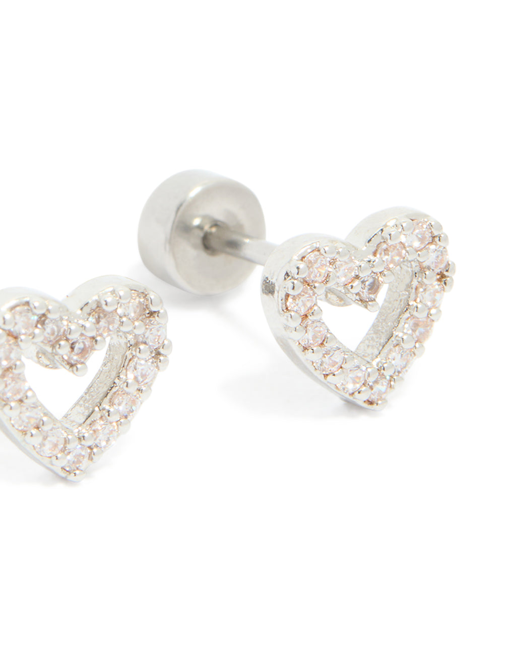Beautiful surgical steel heart stud earrings featuring cubic zirconia pavé setting with flat back closure in silver and clear stone close up view