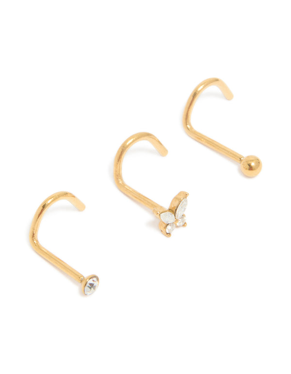Gold Plated Surgical Steel Butterfly & Classic Nose Studs 3-Pack