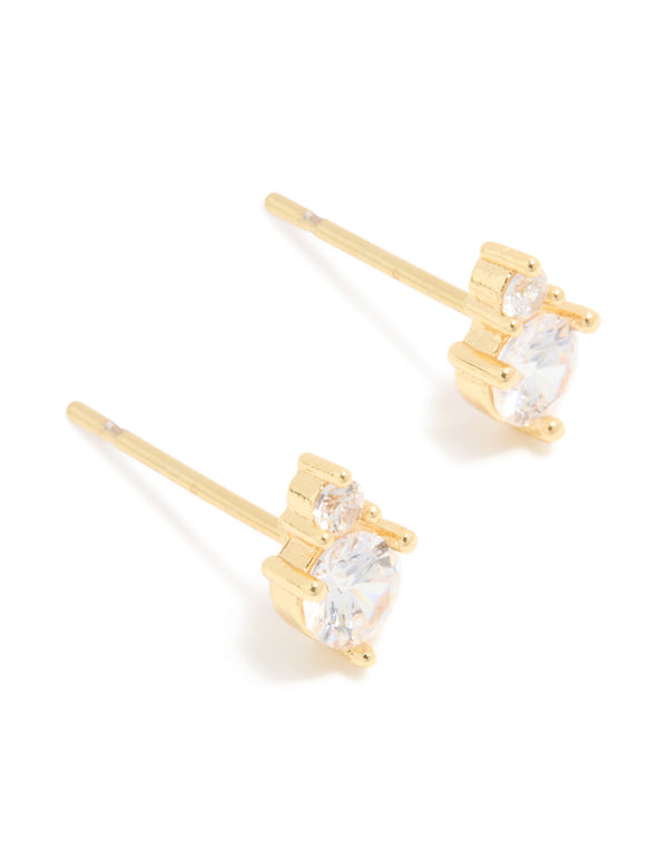 Crafted from waterproof stainless steel, these duo stud earrings feature round cubic zirconia stones in clear front view