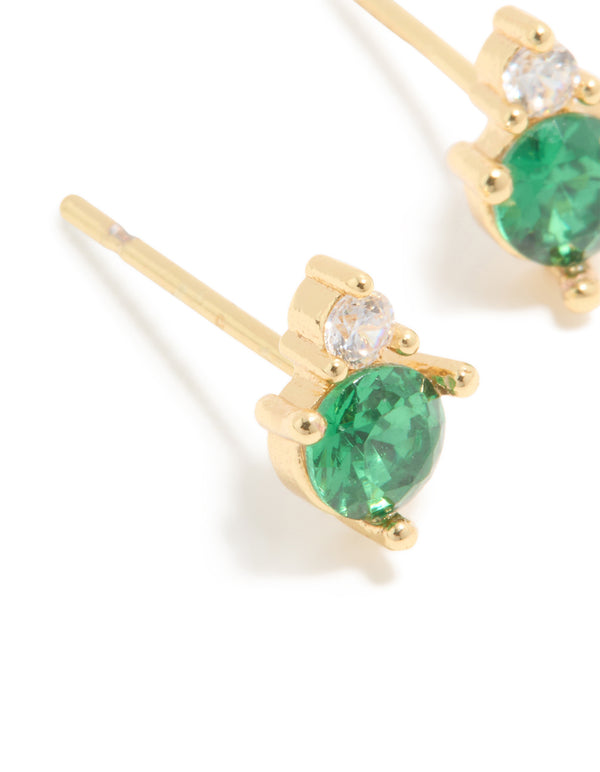 Crafted from waterproof gold plated stainless steel may cubic zirconia duo stud earrings close up view