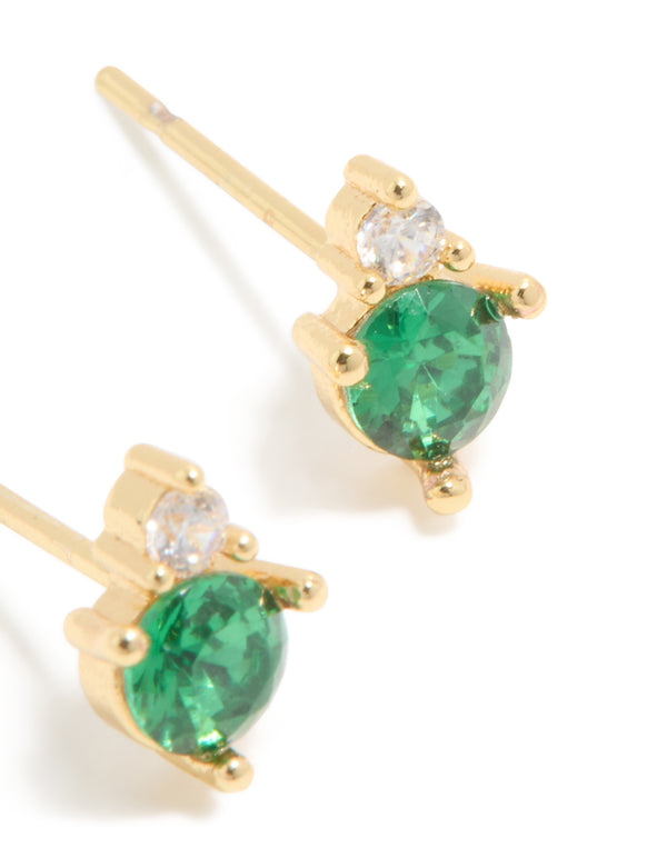 Crafted from waterproof gold plated stainless steel may cubic zirconia duo stud earrings close up view