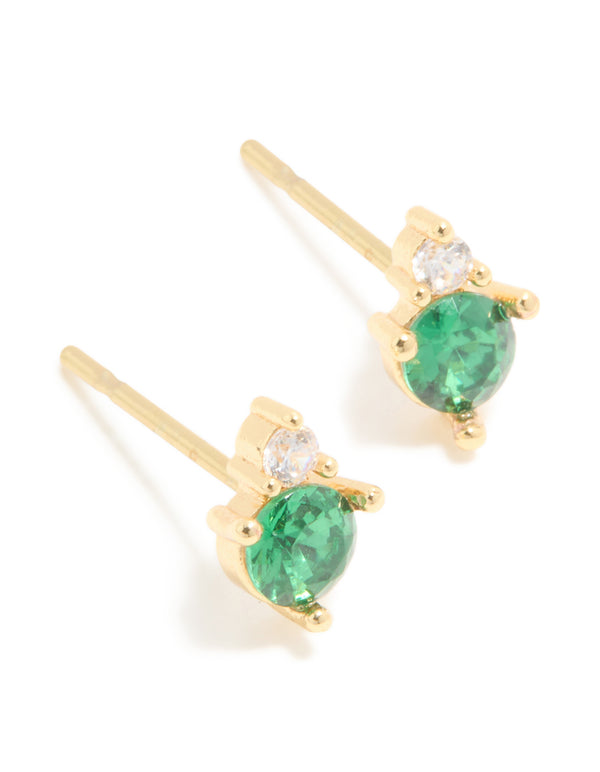 Waterproof gold plated stainless steel may cubic zirconia duo stud earrings in gold front view