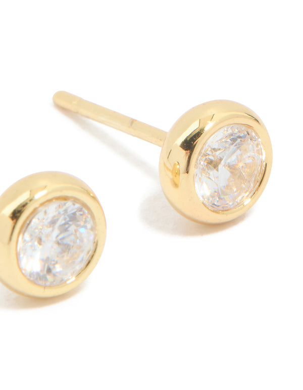 Discover waterproof gold plated stainless steel bezel set stud earrings featuring round cut cubic zirconia post detail view