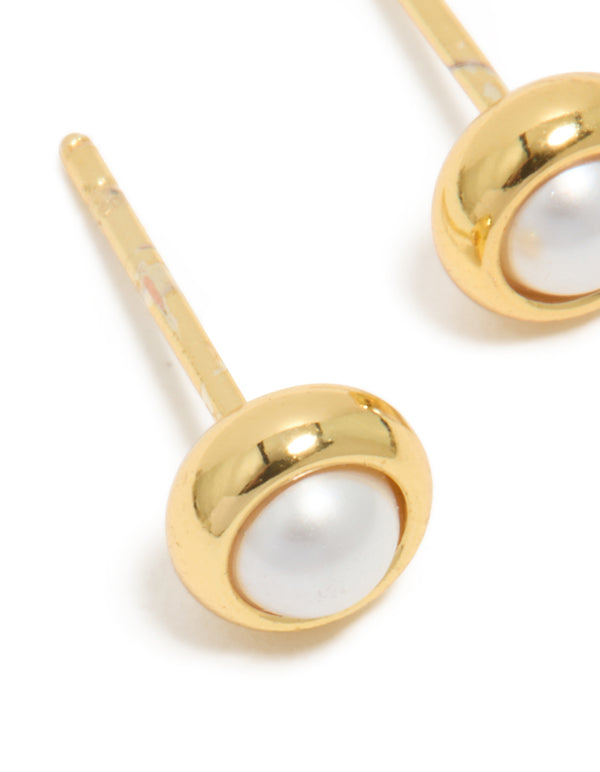 Elegant waterproof gold plated stainless steel pearl bezel set stud earrings in white close up view