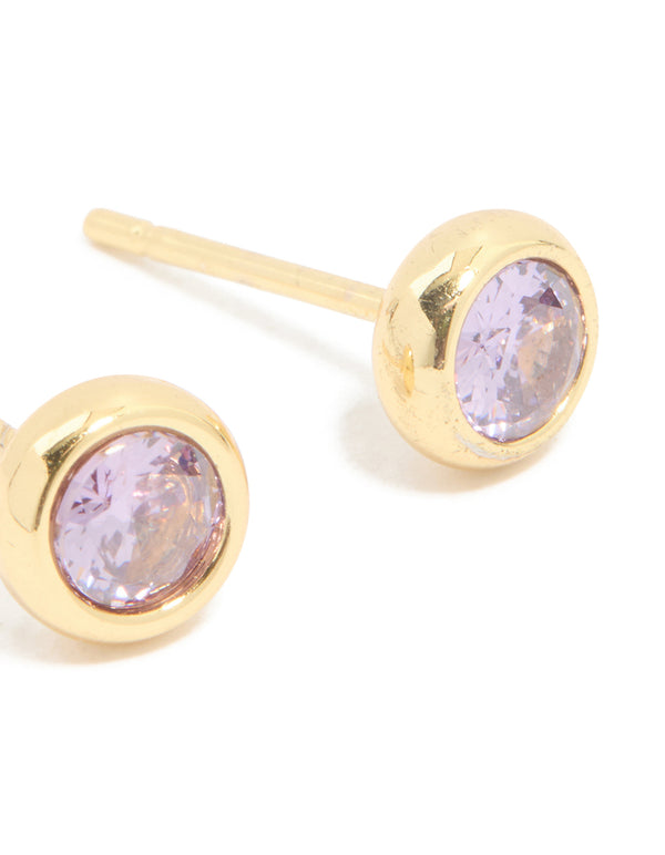 Waterproof Gold Plated Stainless Steel Cubic Zirconia February Birthstone Bezel Set Stud Earrings
