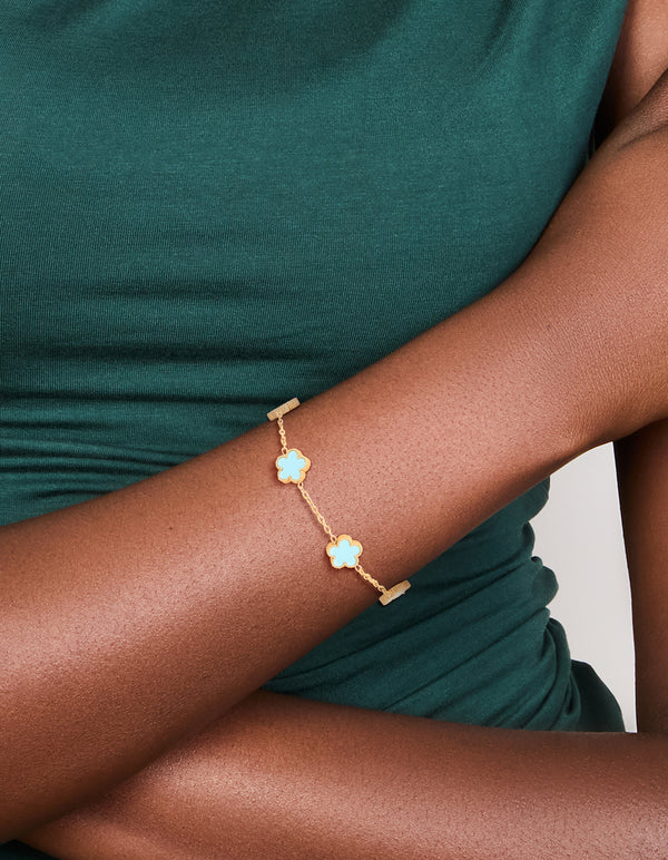 Waterproof Gold Plated Stainless Steel Light Blue Petal Flower Charm Bracelet