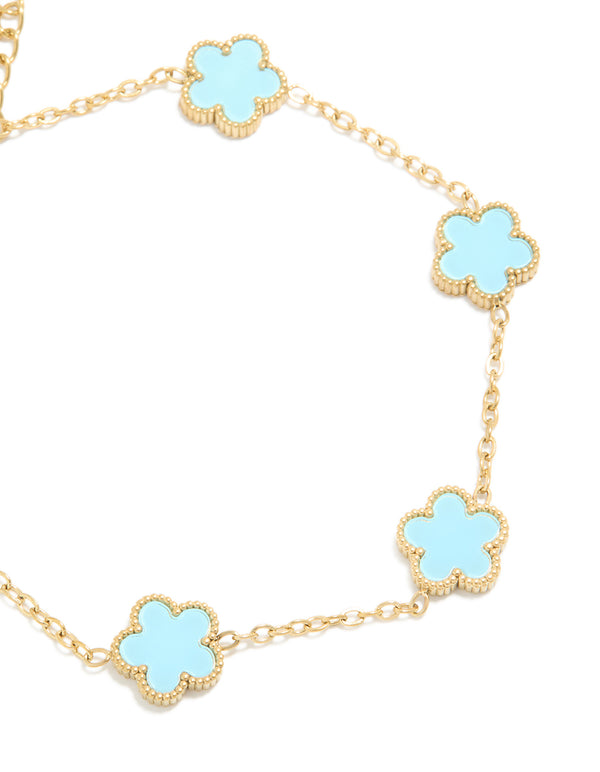 Waterproof Gold Plated Stainless Steel Light Blue Petal Flower Charm Bracelet