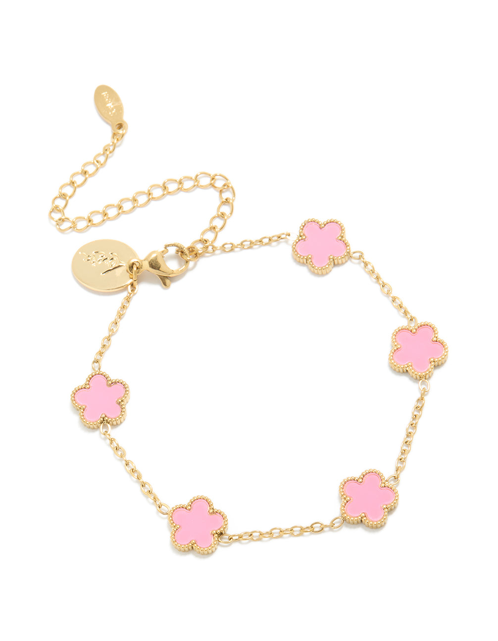Showcasing a waterproof gold plated stainless steel bracelet with light pink petal flower charm design in dainty style front view