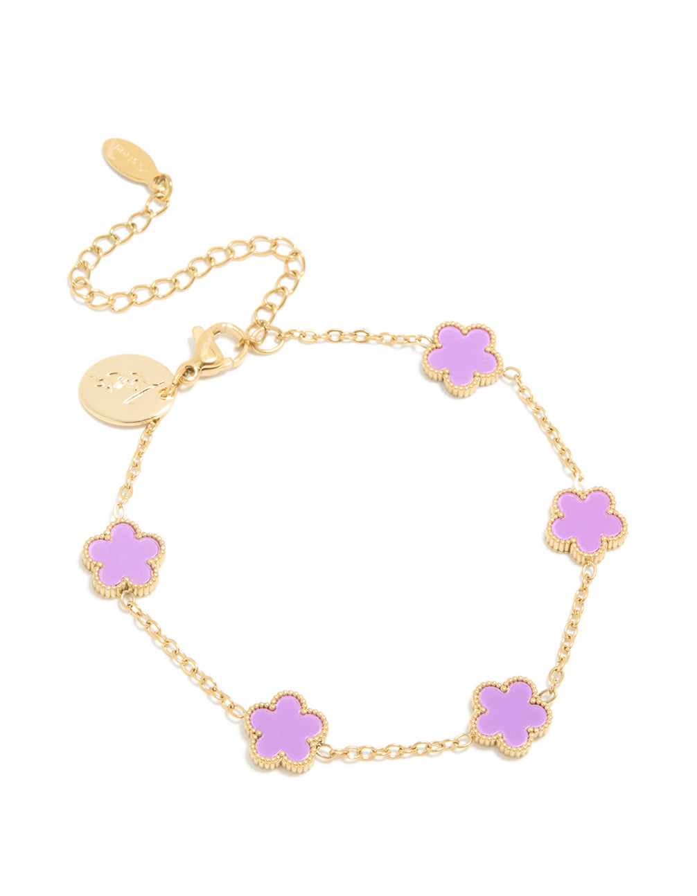 Crafted from waterproof gold plated stainless steel, this light purple petal flower charm bracelet in plum front view