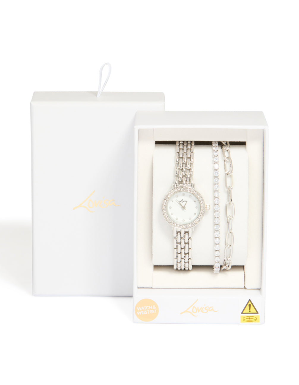 Designed with silver watch and diamante chain bracelets set is captured in close up view