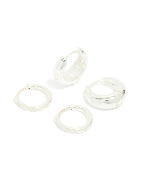 Waterproof Stainless Steel Cubic Zirconia & Chubby Huggie Earrings 2-Pack