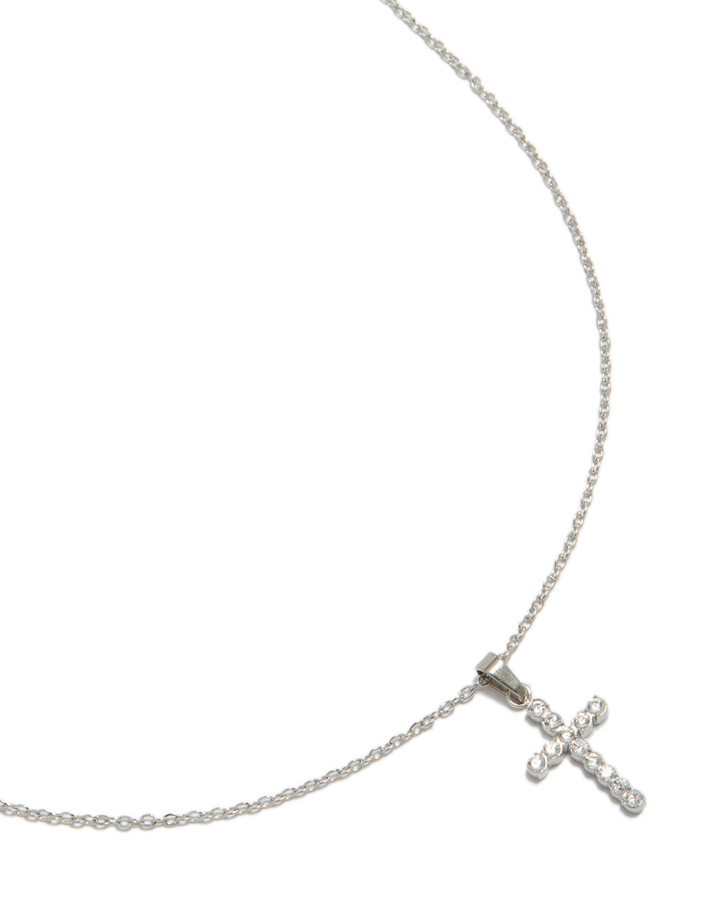 Featuring a waterproof stainless steel cubic zirconia cross pendant fine necklace close up view