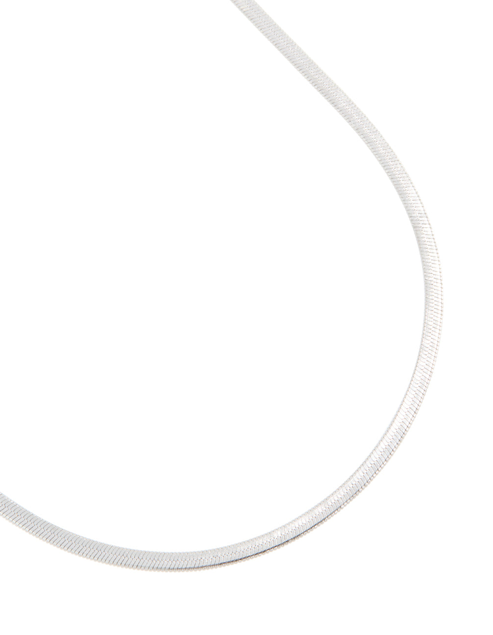 Showcasing a waterproof stainless steel fine flat snake chain necklace in silver close up view