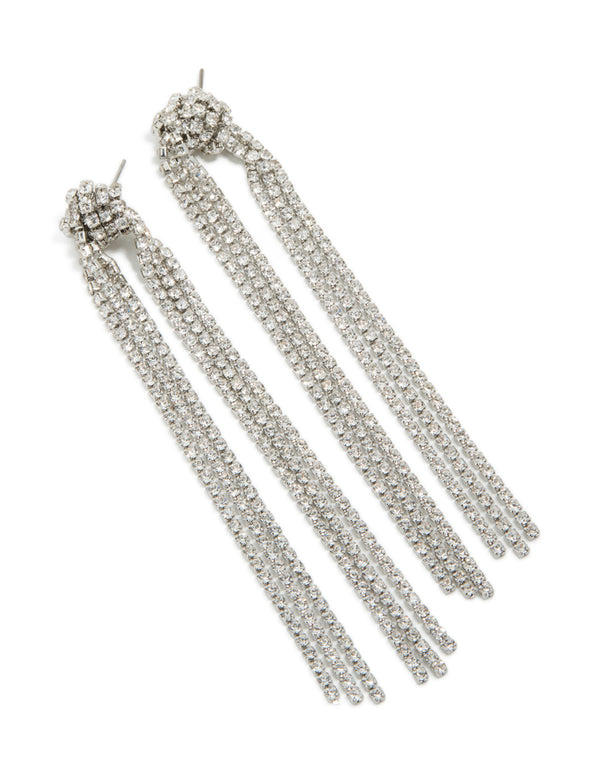 Silver Diamante Knotted Tassel Drop Earrings