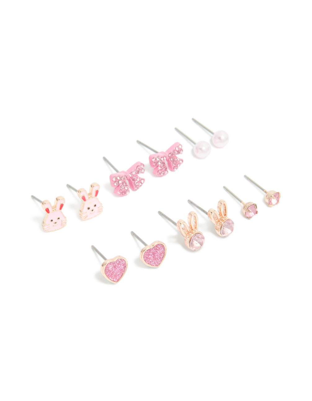 Kids Rose Gold Diamante & Bunny Bow Stud Earrings 6-Pack