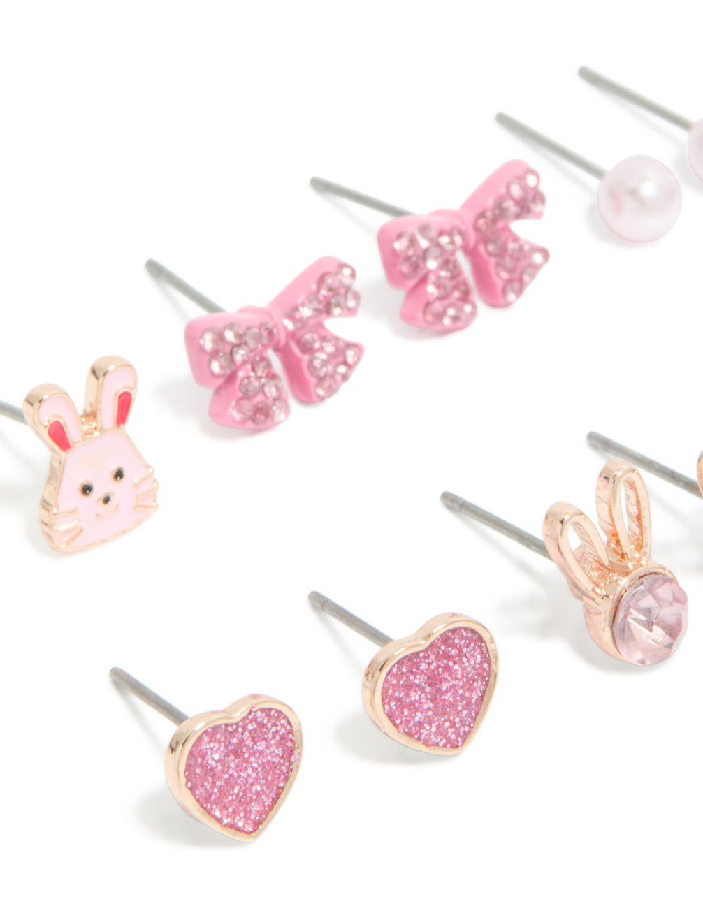 Kids Rose Gold Diamante & Bunny Bow Stud Earrings 6-Pack