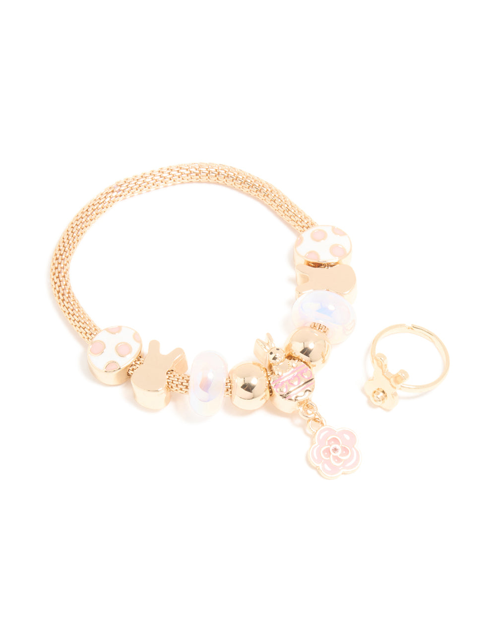 Kids Gold Flower Easter Bunny Charm Bracelet & Ring Set