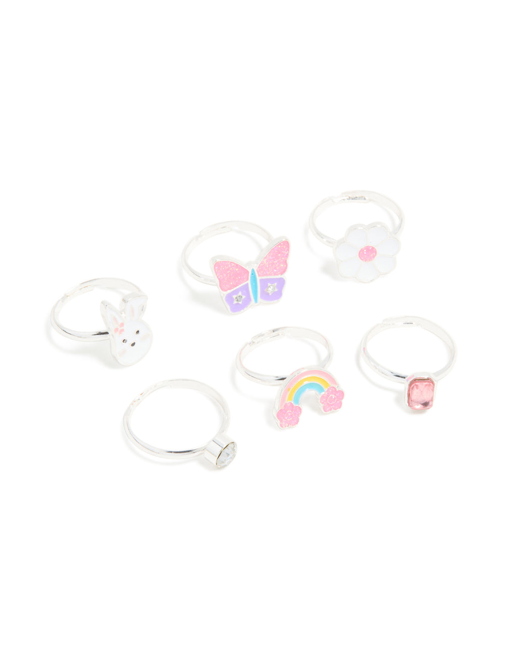 Kids Silver Diamante & Flower Easter Bunny Rings 6-Pack
