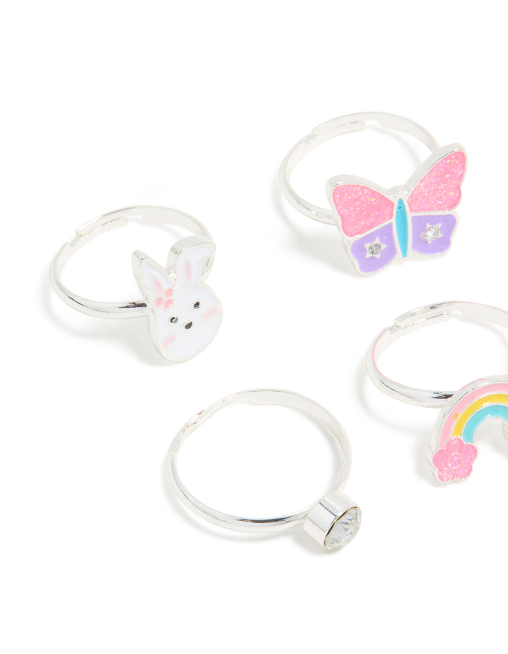 Kids Silver Diamante & Flower Easter Bunny Rings 6-Pack