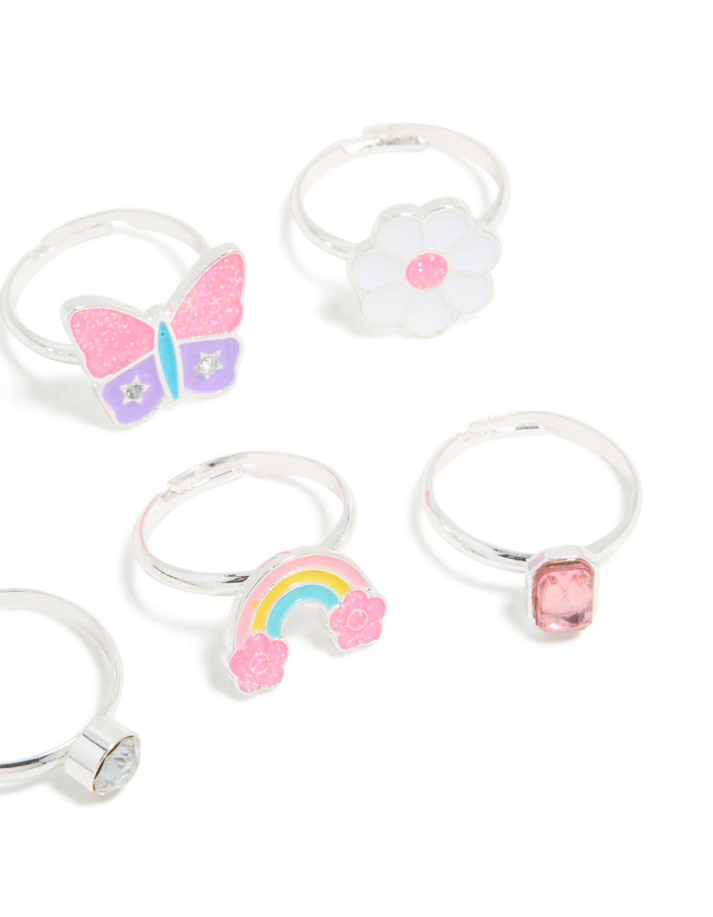 Kids Silver Diamante & Flower Easter Bunny Rings 6-Pack