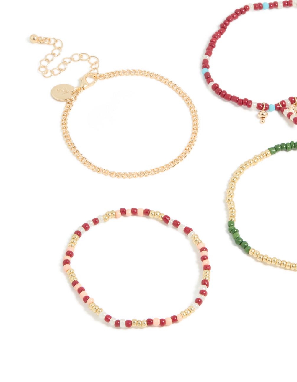 Gold Thin Chain & Multicoloured Beaded Bracelet 5-Pack