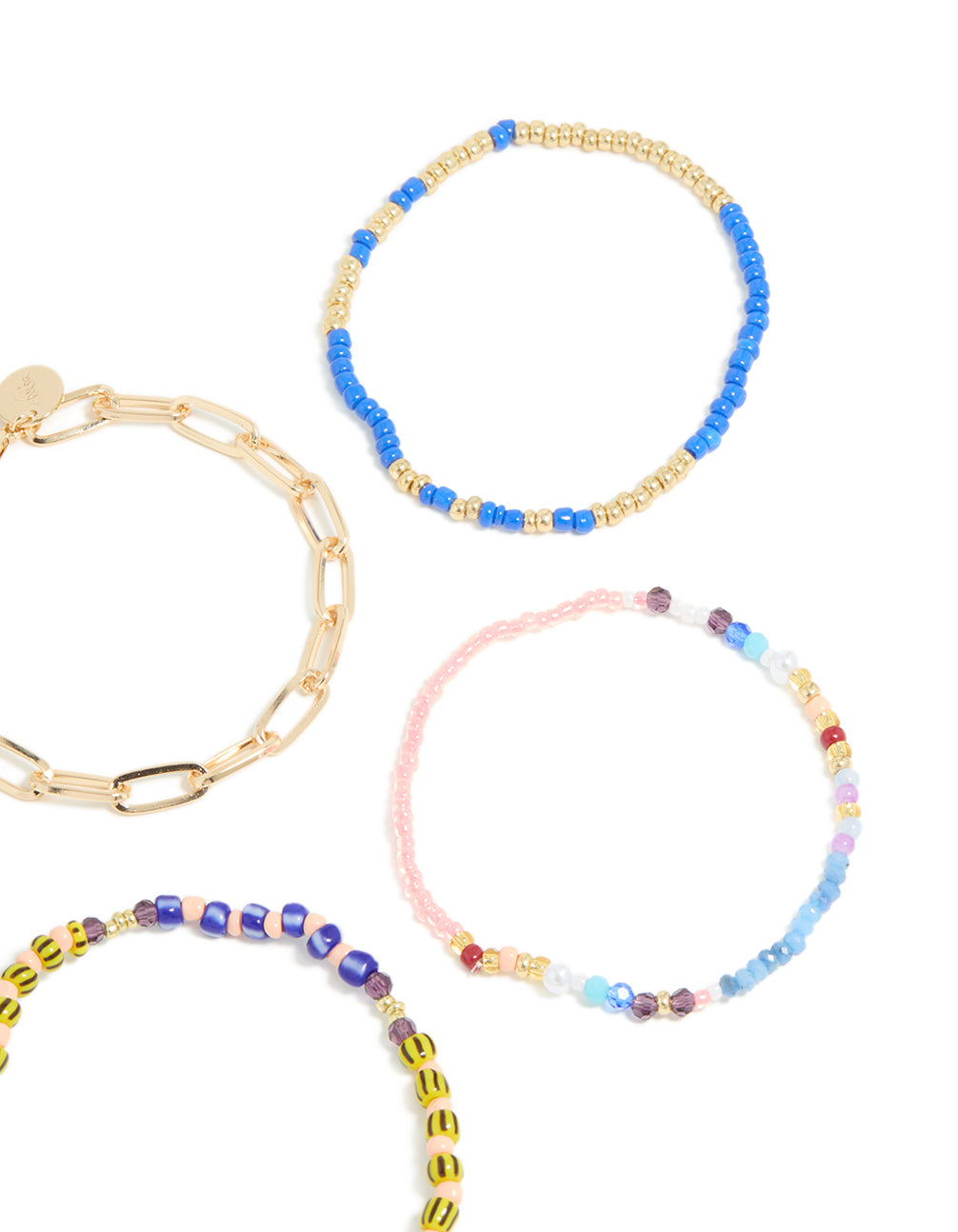 Gold Large Chain & Blue Beaded Bracelets 5-Pack