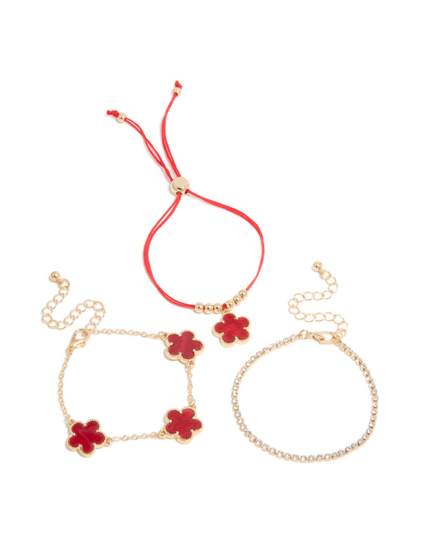 Gold Cubic Zirconia Tennis & Red Cord Flower Bracelets 3-Pack