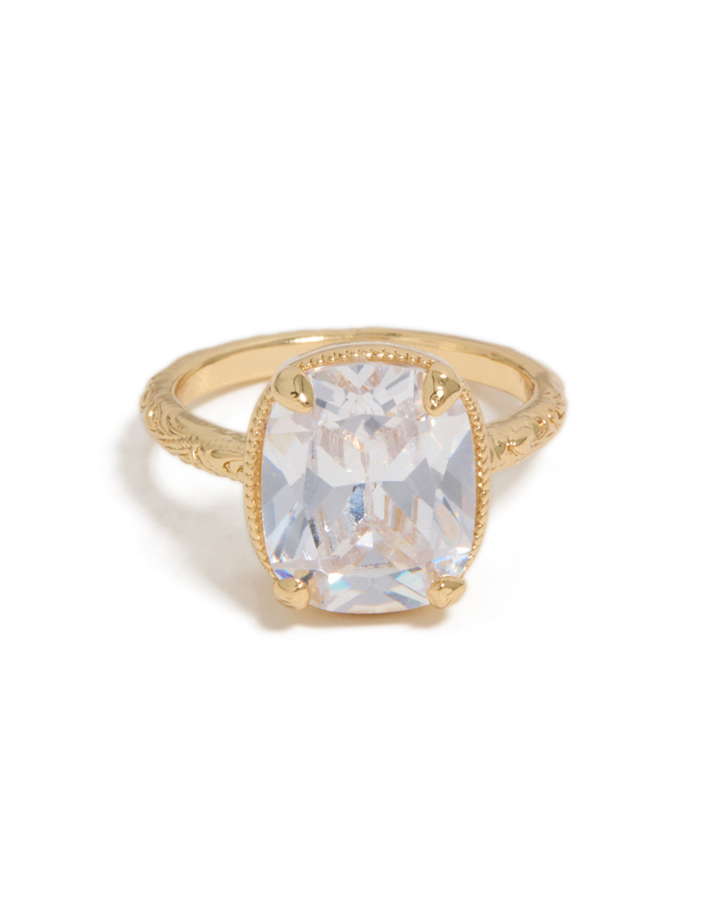 Presenting a gold plated vintage cubic zirconia ring with crystal and statement style front view