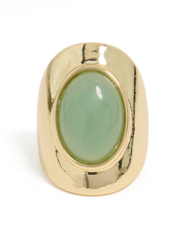 Gold Plated Oval Green Semi Precious Stone Ring